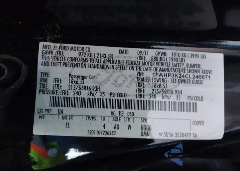 2012 Ford Focus Se z USA, uszkodzony, nr VIN 1FAHP3K24CL246671